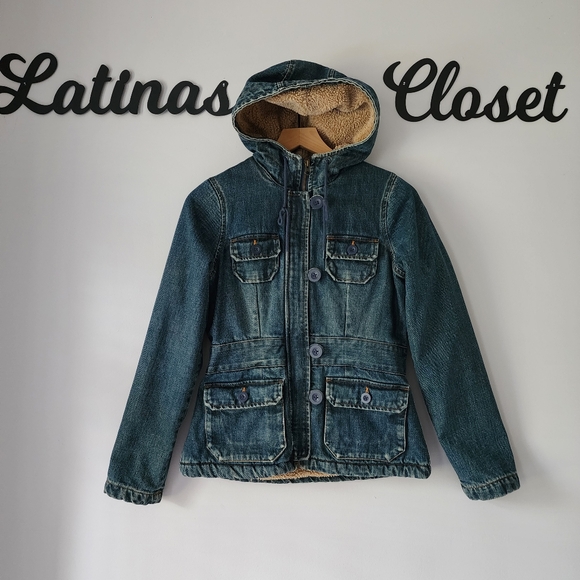 Vintage Old Navy Denim Sherpa Full Zipper Buttons Jacket Coat Size Women's XS - Picture 2 of 10